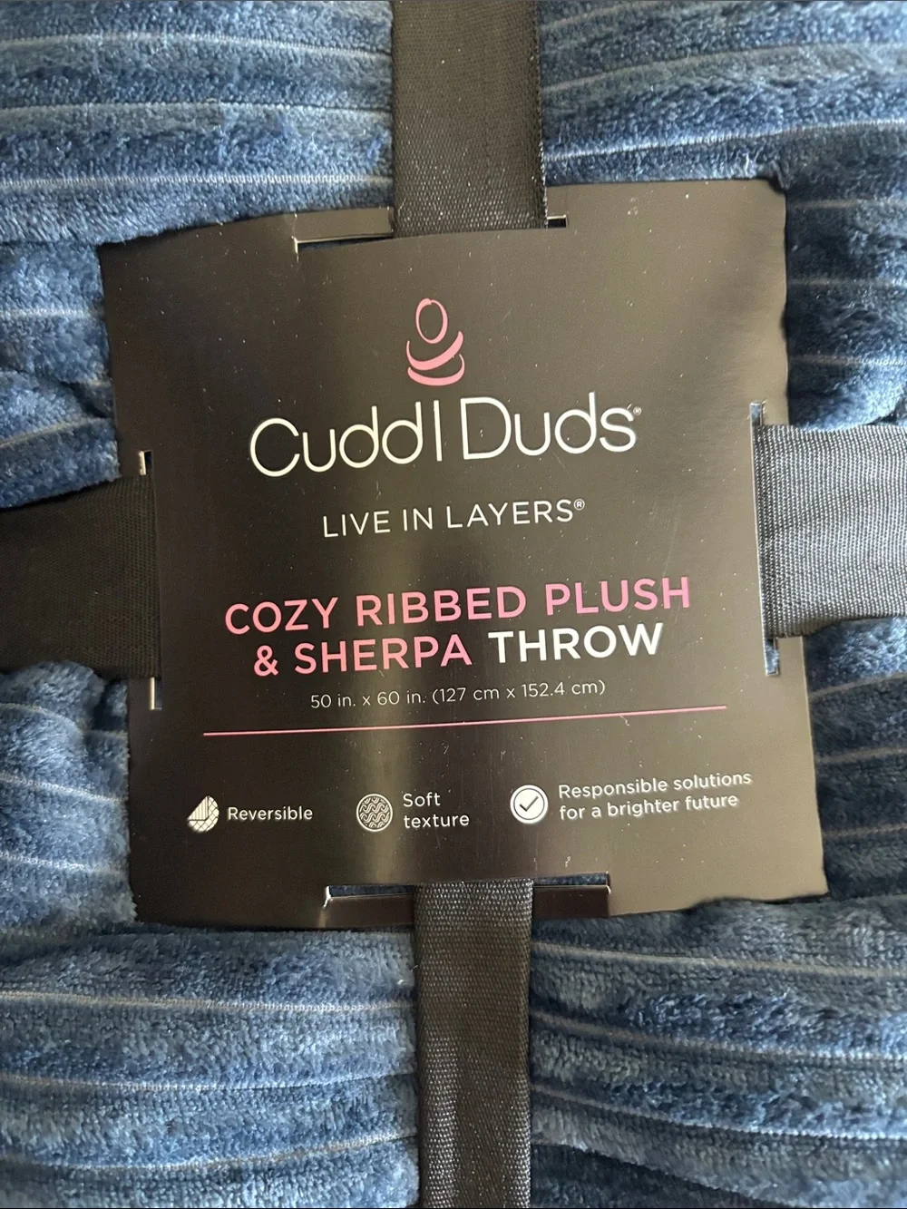 Cuddl Duds Navy Plush Ribbed Throw with White Sherpa